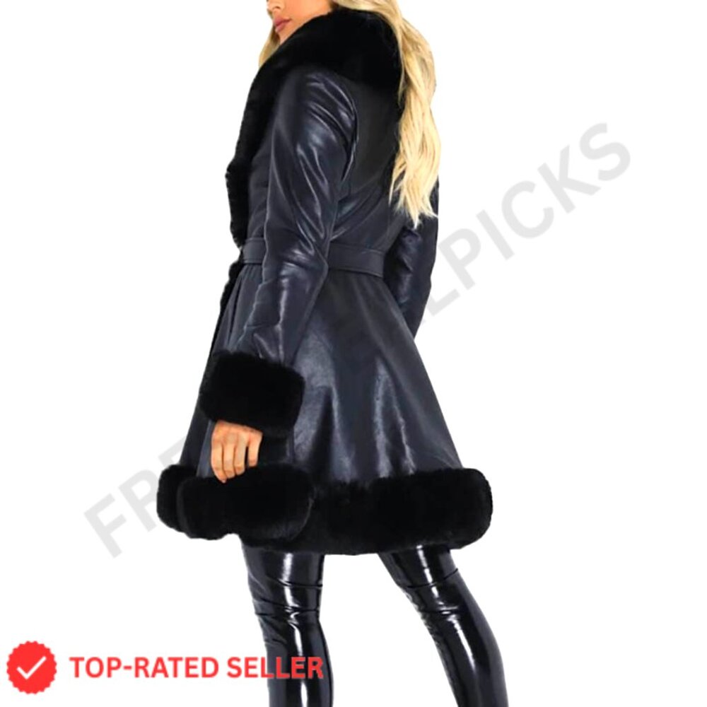 Faux Leather Jacket with Fur Collar, Belt, Winter Coat, Slim Fit - Picture 3 of 7